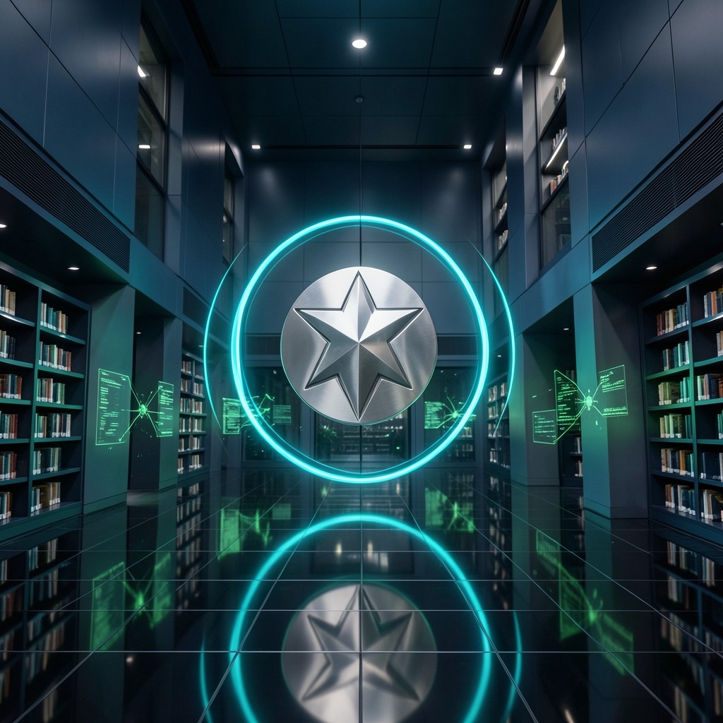 Futuristic cryptographic research library with glowing digital data structures